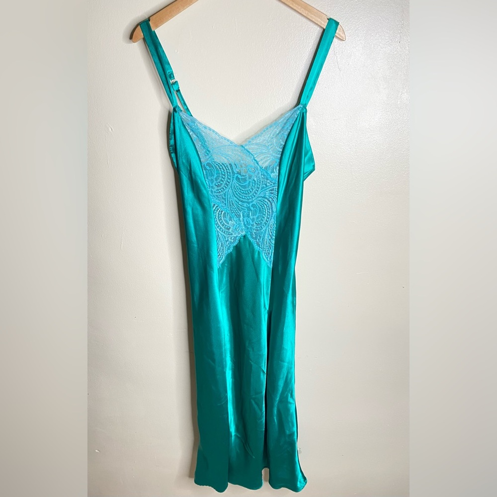 Vintage 80s emerald green sheer lace satin high slit bias cut slip maxi dress